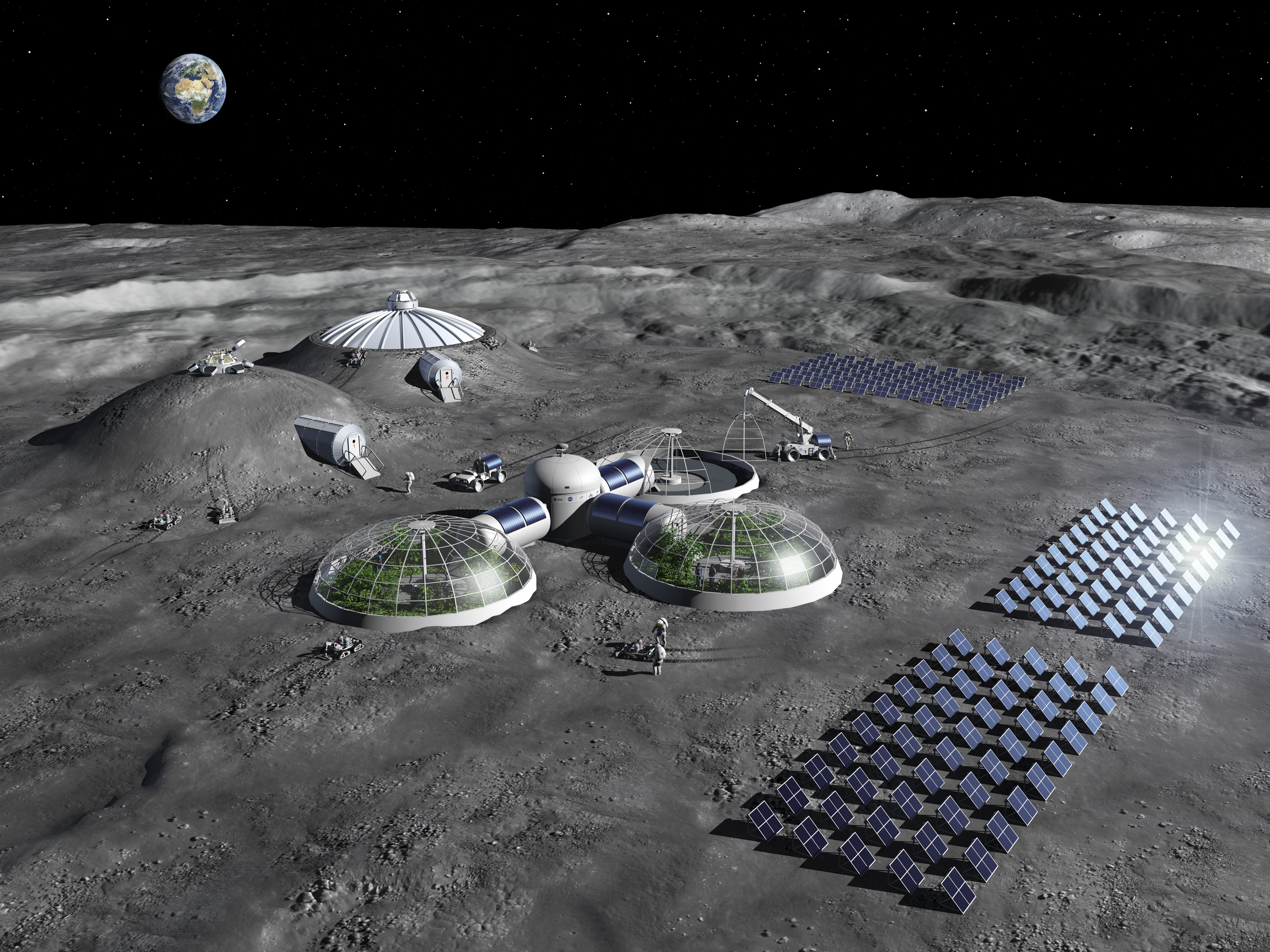 Künstlerische Darstellung eines Moon Base-Konzepts.

Solaranlagen zur Energieerzeugung, Gewächshäuser zur Lebensmittelerzeugung und mit Regolith (Lockergestein des Mondes) abgeschirmte Lebensräume.

Copyright; ESA - P. Carril